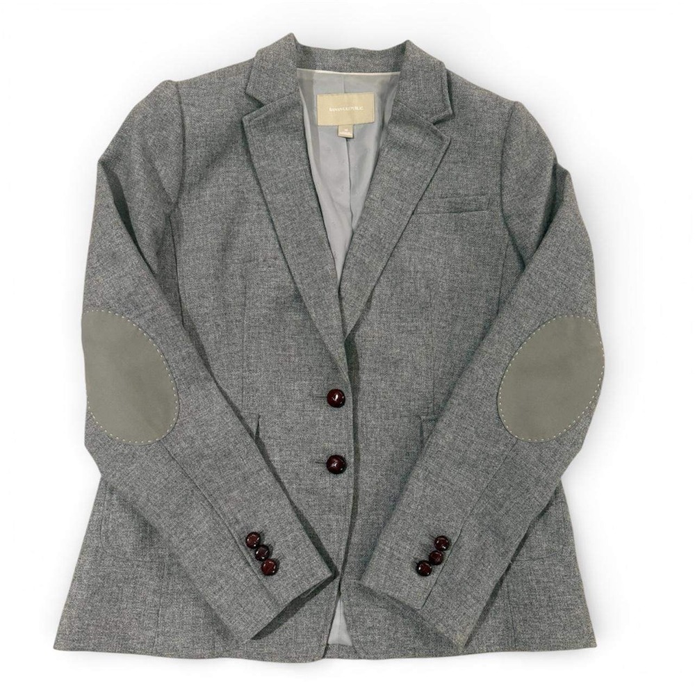 Banana Republic Gray Wool Blend‎ Tweed Blazer Elbow Patches Academic Size 14